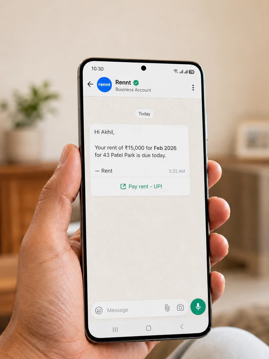 WhatsApp rent reminder from Rennt with a UPI payment link